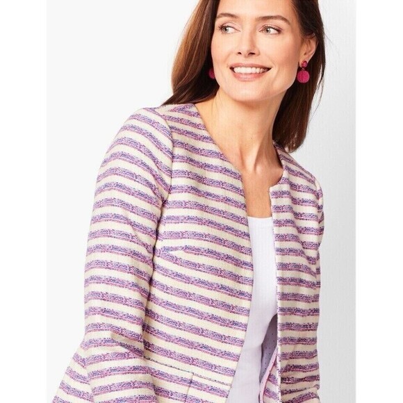 NEW Talbots Women’s Size 8 Pink Blue White Striped Blazer Cotton Jacket Tweed - Picture 3 of 16